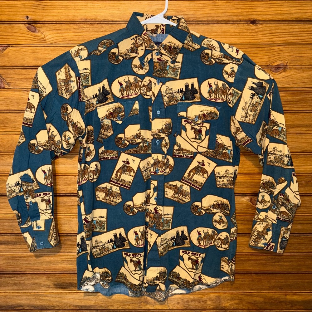 Panhandle Slim Western Cowboy Print Button Up Shirt Mens Size 16.5 Wild West